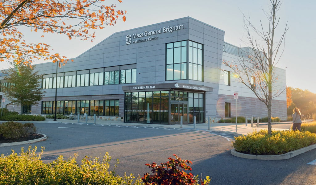 Exterior view of the Mass General Brigham Urgent Care in Westwood, Massachusetts.