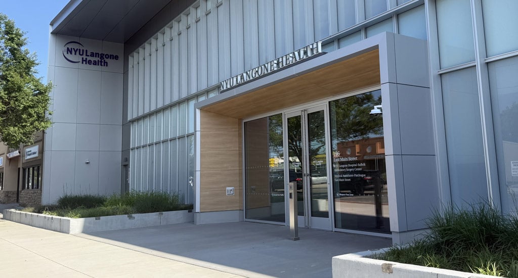 Exterior front entry of NYU Langone Health's facility in Patchogue, New York.